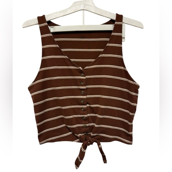 American Eagle Brown White Pink Stripe Button Front Tie Tank Top Size Large - Picture 1 of 8